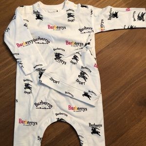 Burberry baby onesie with matching hat